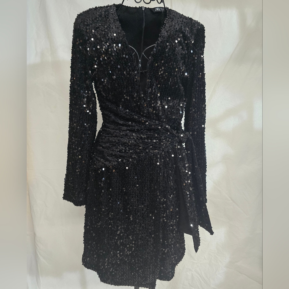 NWT Zara Black Velvet Sequin Wrap Dress